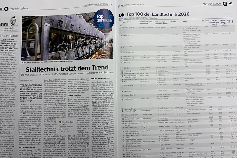 Quelle: agrarzeitung, „Top 100 Landtechnik 2026“, Ausgabe vom 25. September 2026. Quelle: agrarzeitung, „Top 100 Landtechnik 2026“, Ausgabe vom 25. September 2026.