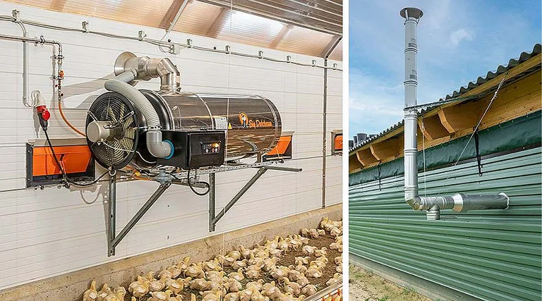 Afbeelding warmte-apparaat en stal met schoorsteen