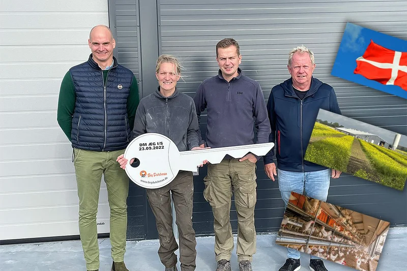 Una chiave ornamentale proveniente dalla Germania come ricordo dell’inaugurazione. Da sinistra a destra Sebastian Dierken (Big Dutchman), Ditte e Morten Helsted, Glen Nielsen (Om GN Triova Aps)