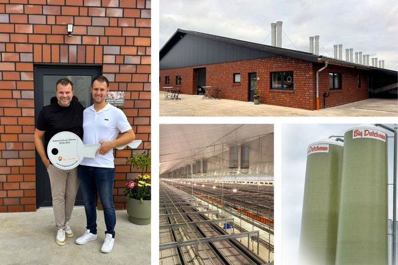 „Zur Einweihung überreicht Christian Apeler (li., Big Dutchman) Lennart van Wieren symbolisch den Schlüssel zum neuen Legehennenstall.“