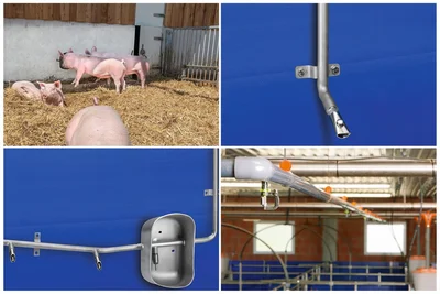 Collage de quatre photos Les systèmes d'eau modernes approvisionnent parfaitement les bâtiments en eau et améliorent le confort des hommes et des animaux