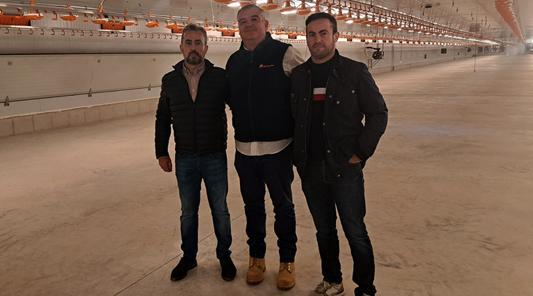 Three men in a broiler house