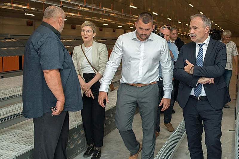 Gruppo di visitatori nel capannone avicolo 