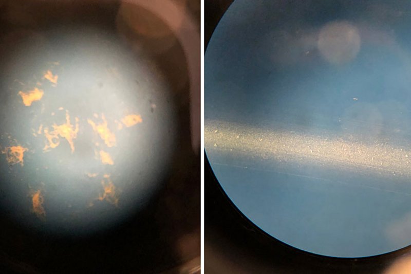 Fig. 5 : un tube en PUR sous le microscope. À gauche non nettoyé, à droite nettoyé.