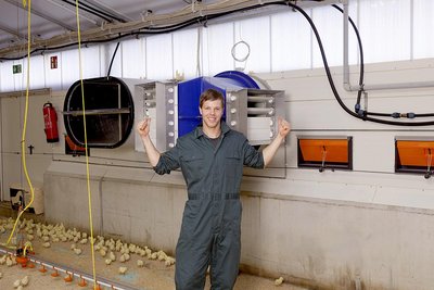 Poultry house climate: Heat exchanger and fresh air inlets as seen from inside the house