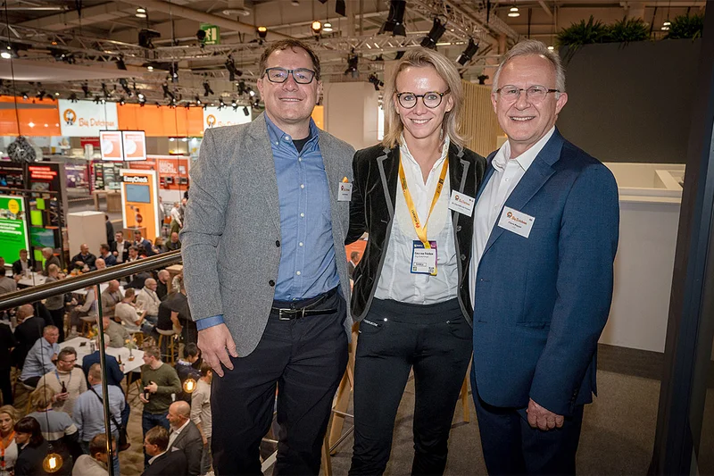 Budd Bentley (left) at EuroTier in Hanover (Germany) in November 2024, with ESG manager Dr Lina Sofie von Fricken and Clovis Rayzel Two men and a woman