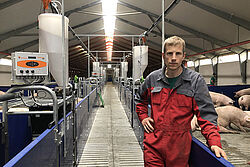 Farmer in a long aisle with pens to the left and to the right
