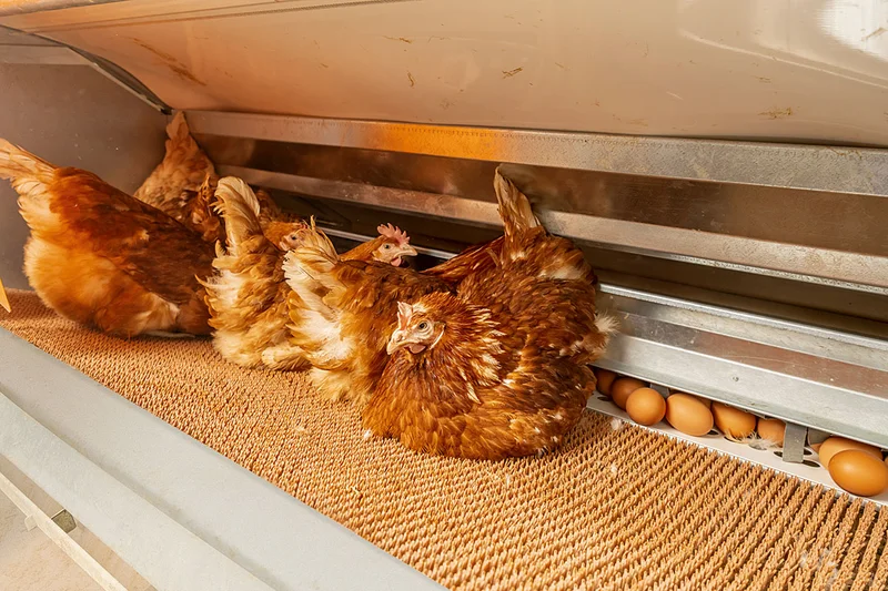 Trois poules dans le pondoir