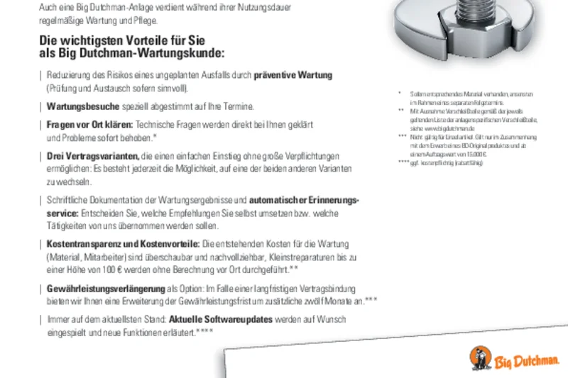 Flyer: Wartungsangbot für die Gelügelahaltung und Schweinehaltung Big Dutchman-Ausrüstungen warten in der Geflügelhaltung und Schweinehaltung