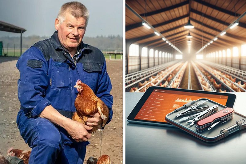 Mann mit Huhn; Stall