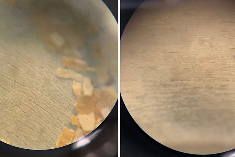 Afb. 4: PVC-slang onder de microscoop. Links ongereinigd, rechts gereinigd.